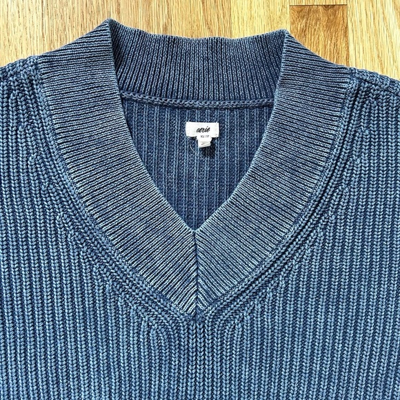 AERIE wide v-neck chunky rib oversized sweater 100% cotton coastal blue size XS - Picture 5 of 11